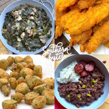 A collage of images showing side dishes for red beans and rice - fried catfish, fried okra, and collard greens.
