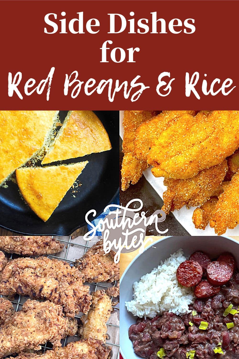 A pin image of a collage of images showing side dishes for red beans and rice.