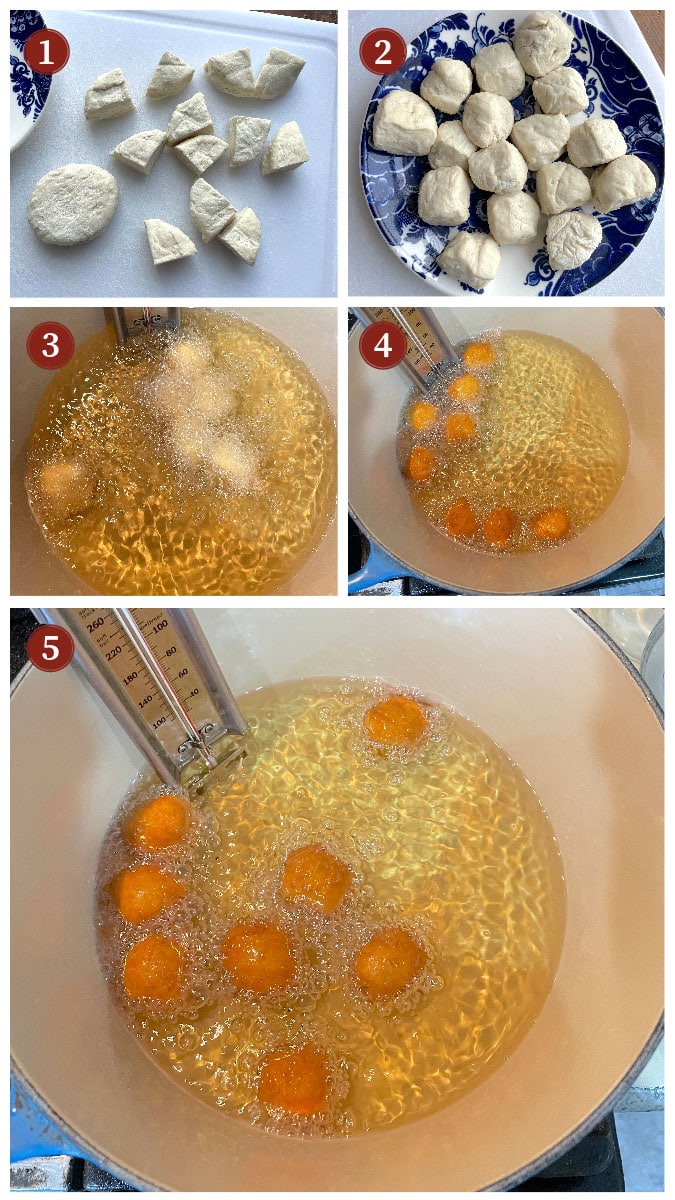 A collage of images showing how to fry biscuit beignets, steps 1-5.