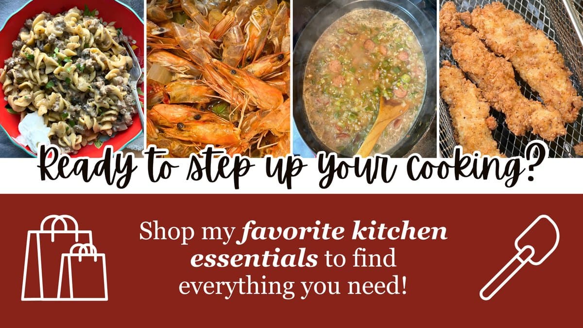 A collage of various delicious dishes and a call to shop for essential kitchen tools.