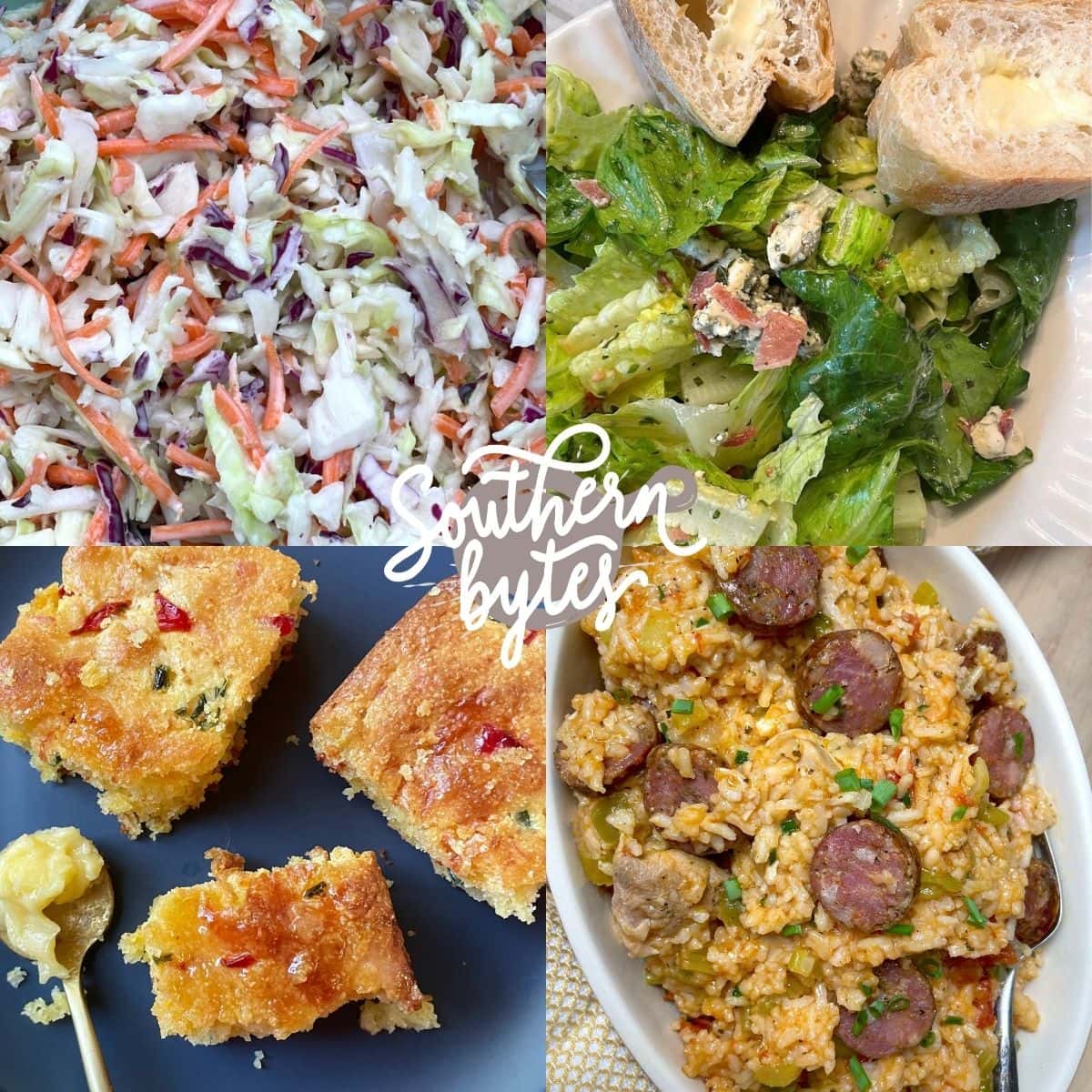 A collage of images showing sides to serve with jambalaya; cornbread, a salad, and coleslaw.