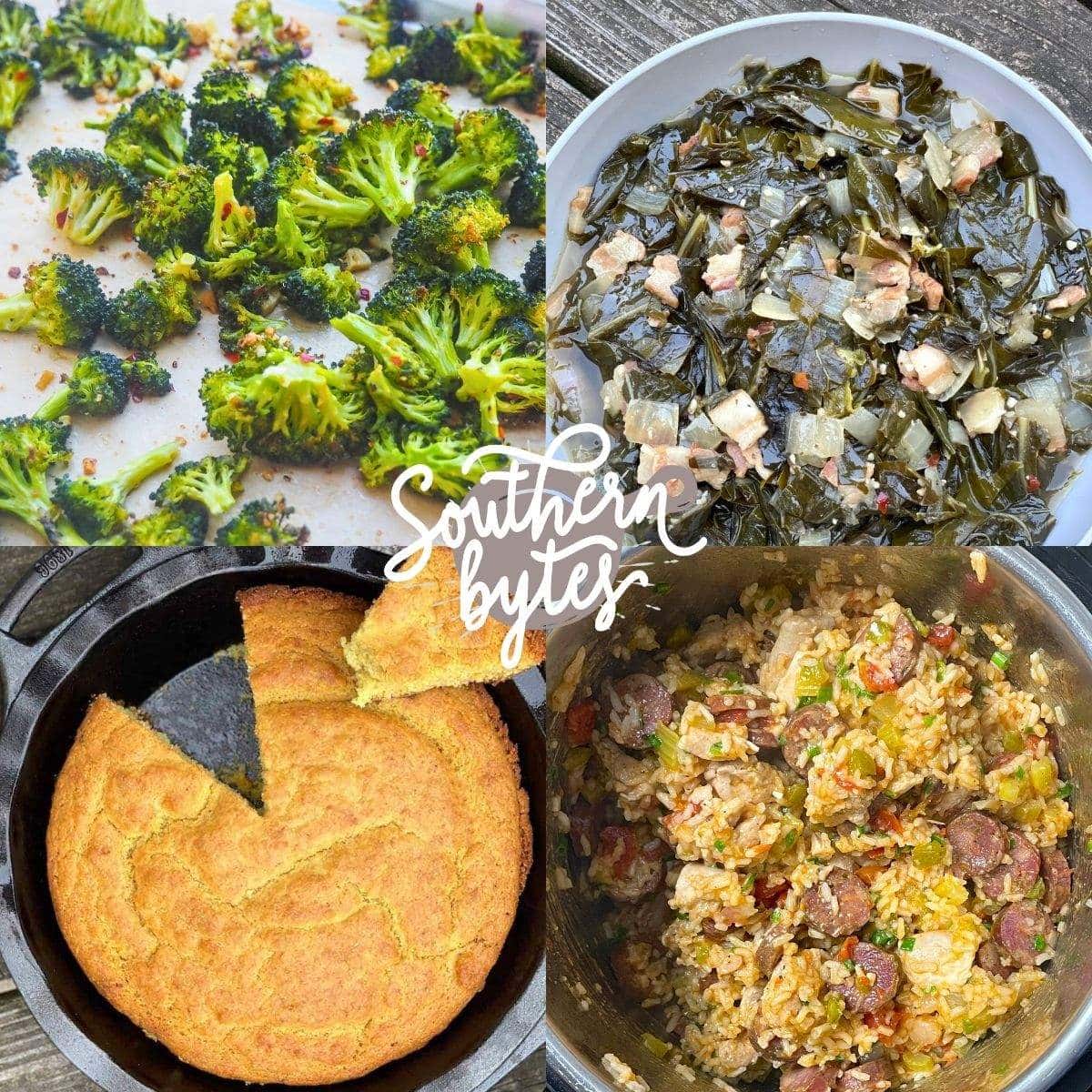 A collage of images showing sides to serve with jambalaya; cornbread, collard greens, and roasted broccoli.