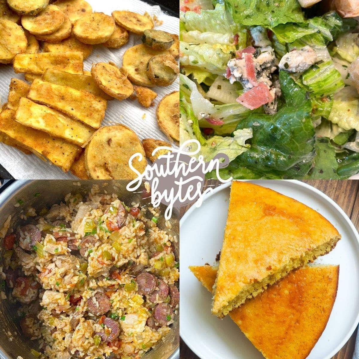 A collage of images showing sides to serve with jambalaya; cornbread, a side salad, and fried squash.
