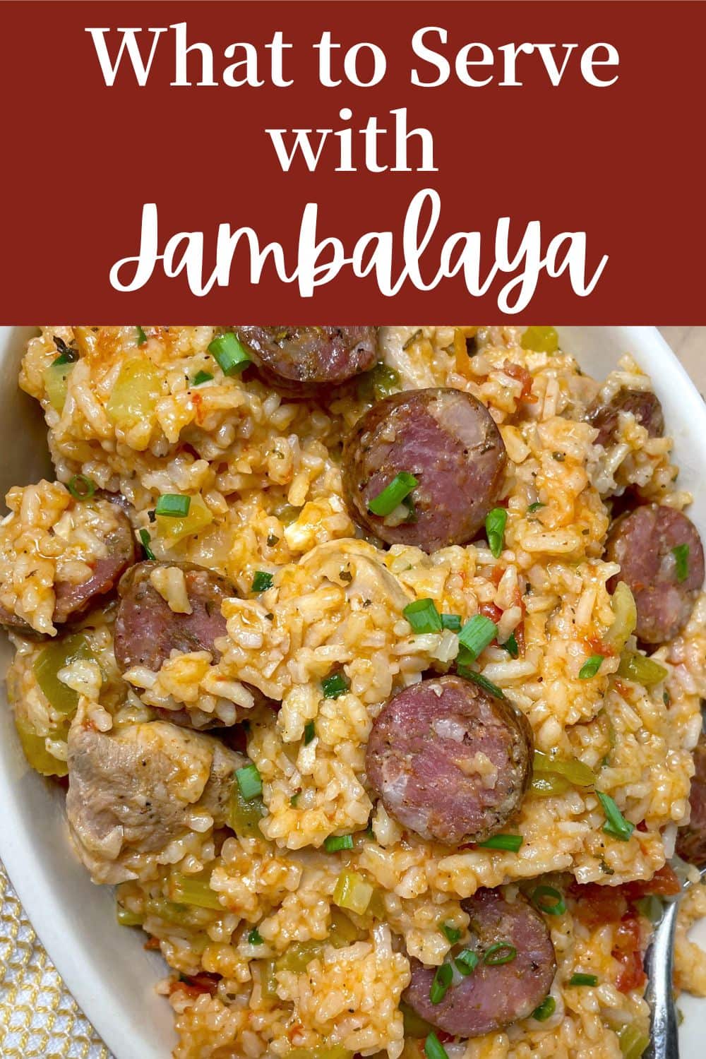 A pin image of a bowl of homemade jambalaya.