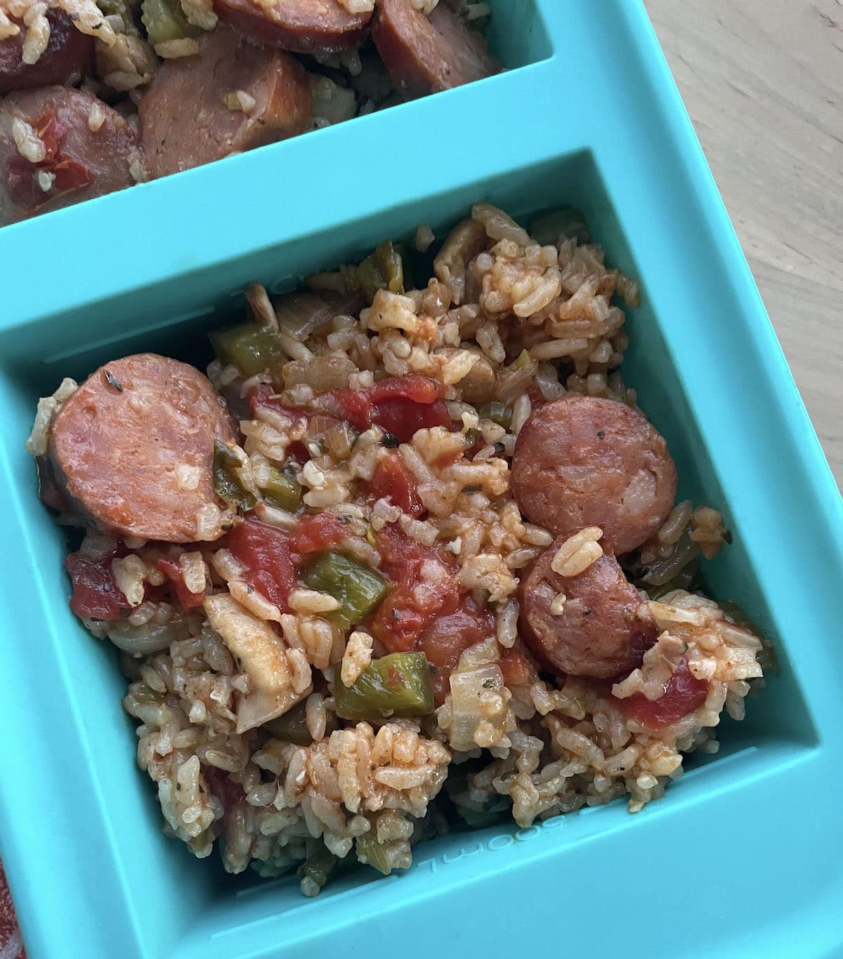 A filled Souper cube container showing how to freeze jambalaya.