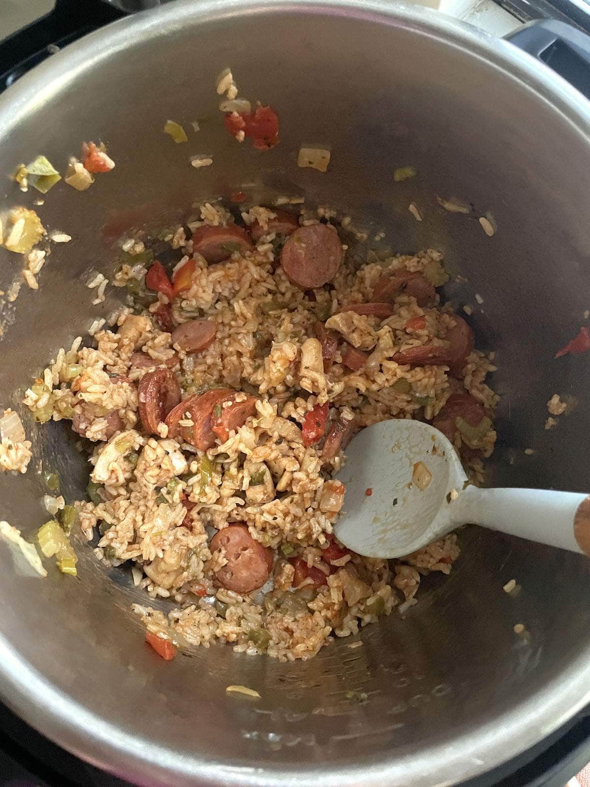 Leftover chicken and sausage jambalaya in an instant pot.