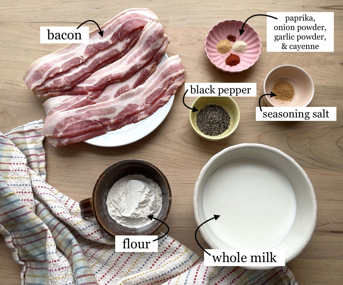 The ingredients needed to make bacon gravy, laid out and labeled.
