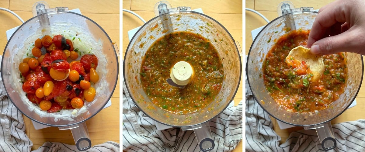 A collage of images showing how to blend up roasted cherry tomato salsa with a food processor.