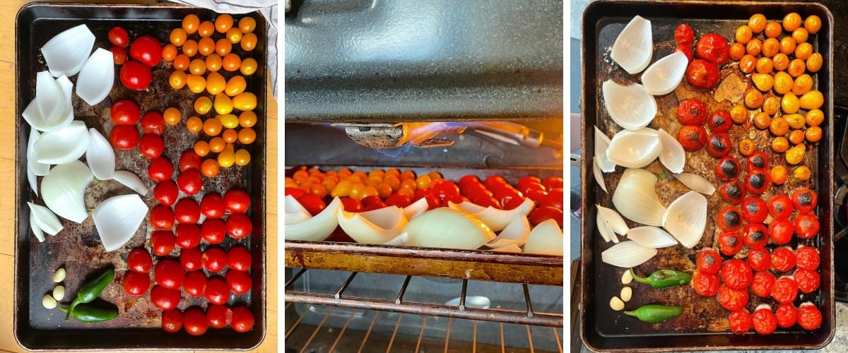 A collage of images showing how to roast veggies for cherry tomato salsa.