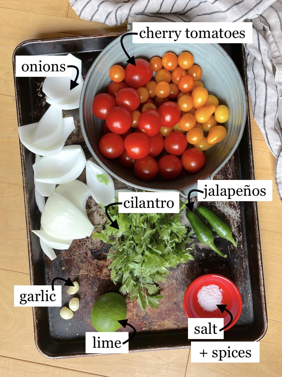The ingredients in fire roasted tomato salsa, laid out and labeled.
