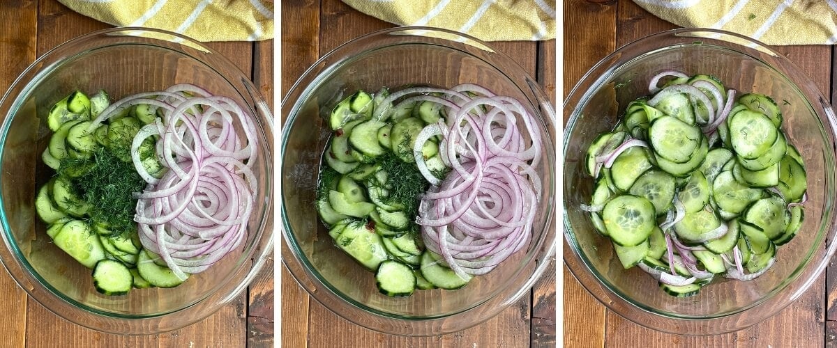 A collage of images showing how to quick pickle cucumbers for cucumber salad.