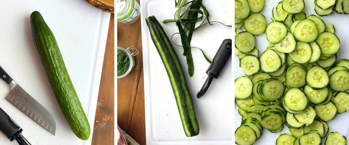 A collage of images showing how to peel cucumbers with a pattern for cucumber salad.