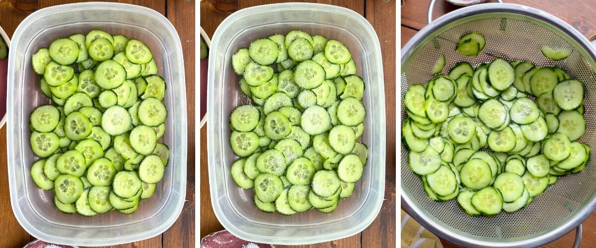 A collage of images showing how to sweat cucumbers for cucumber salad.