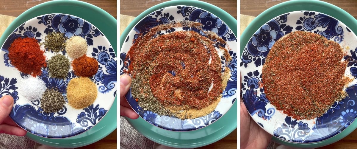 A collage of images showing how to mix blackening seasoning for blackened shrimp.