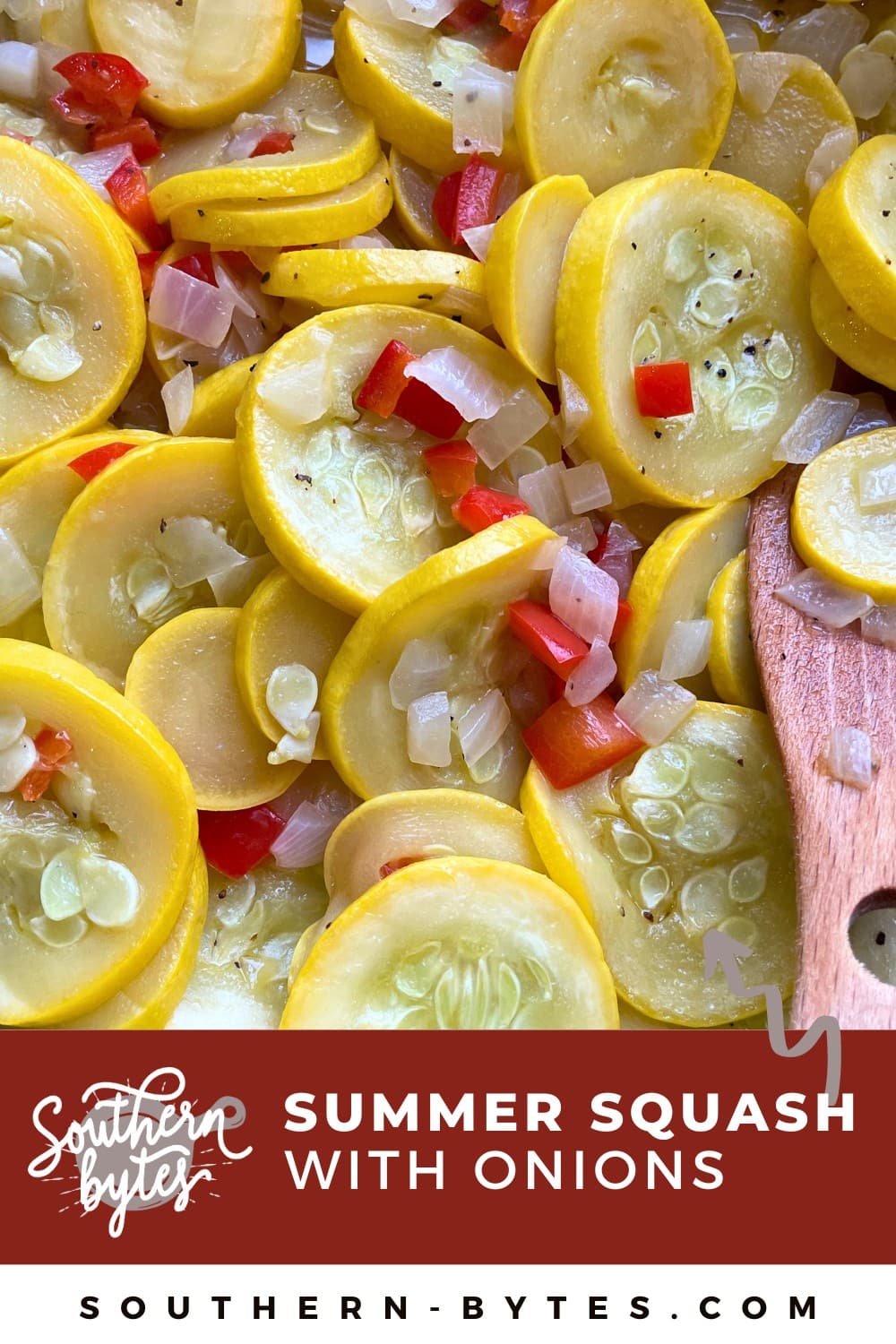 A pin image of buttery yellow summer squash, red bell peppers, and onions with a wooden spoon.