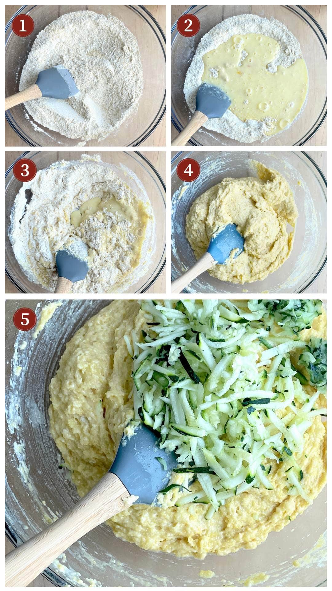 A collage of ingredients showing how to mix up zucchini cornbread.