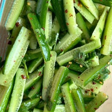 Slices of Korean cucumber pickle spears.