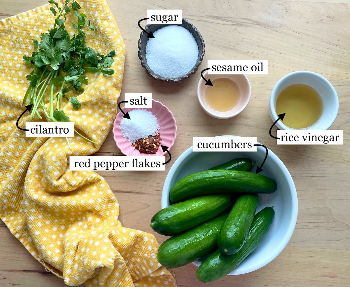 The ingredients in Korean pickles, laid out and labeled - cucumbers, salt, sugar, sesame oil, rice vinegar, red pepper flakes, and cilantro.