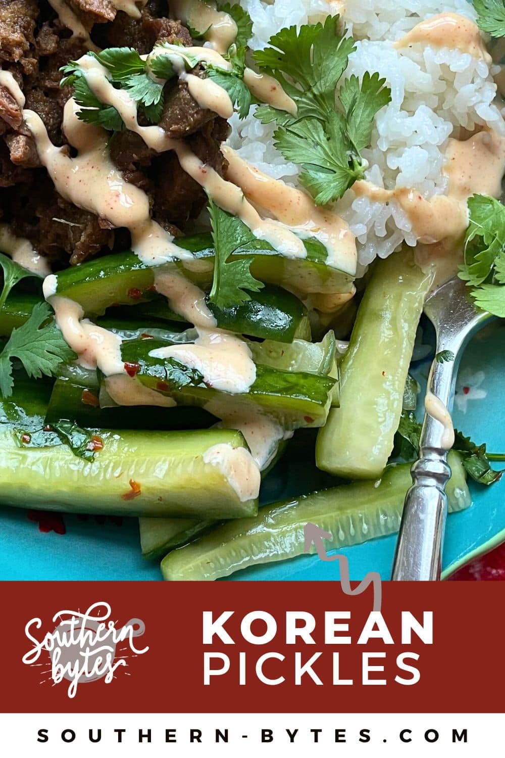 A pin image of a blue bowl with rice, bulgogi, Korean pickles, Yum Yum sauce, and cilantro, focused on the pickles.