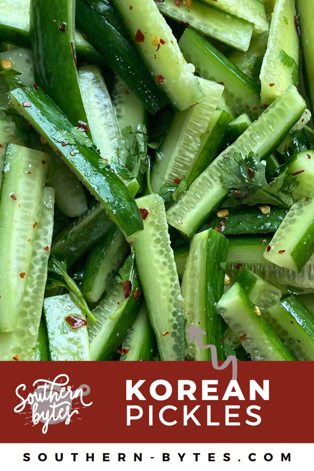 A pin image of slices of Korean cucumber pickle spears.