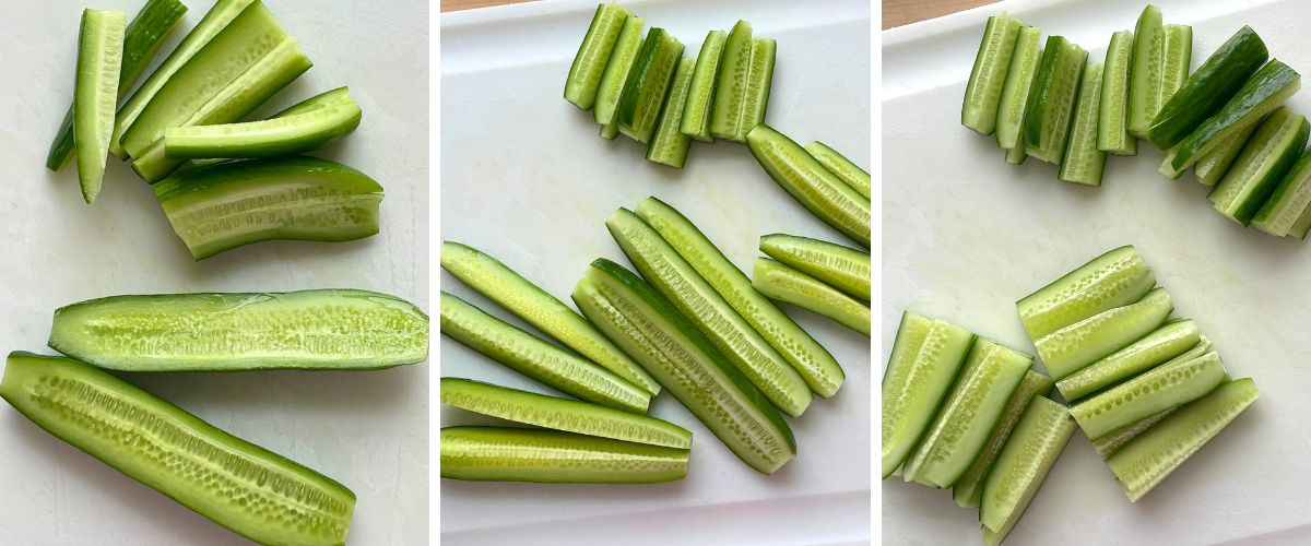 A collage of images showing how to slice cucumbers into spears to make Korean pickles.