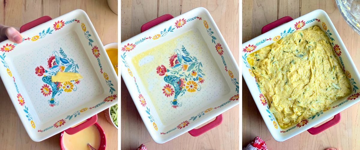 A collage of images showing how to preheat a baking dish with melted butter before adding cornbread batter to it.