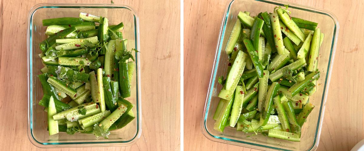 A collage of images showing spicy Korean pickles before and after being tossed in a brine.