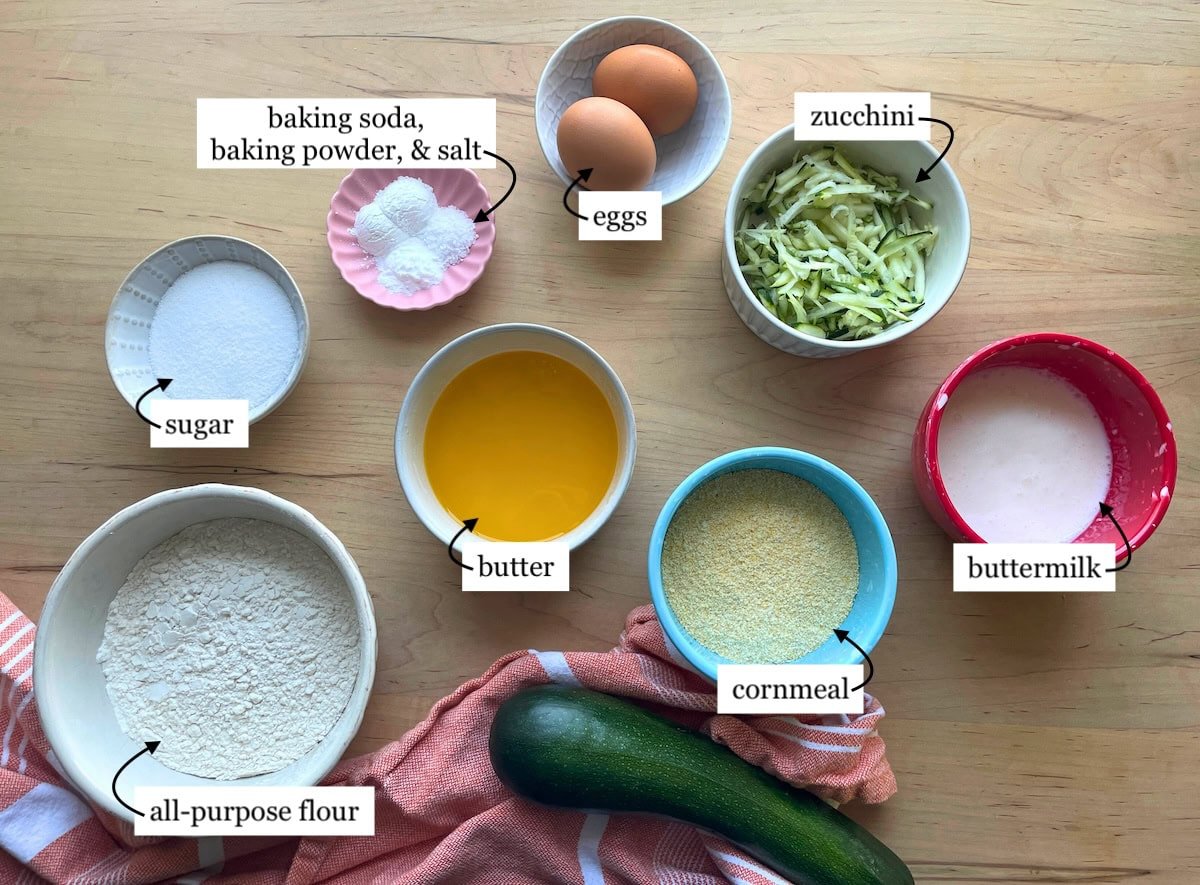 The ingredients in zucchini cornbread, laid out and labeled.