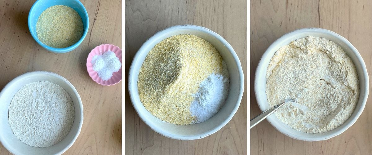 A collage of ingredients showing how to mix up the dry ingredients in zucchini cornbread.