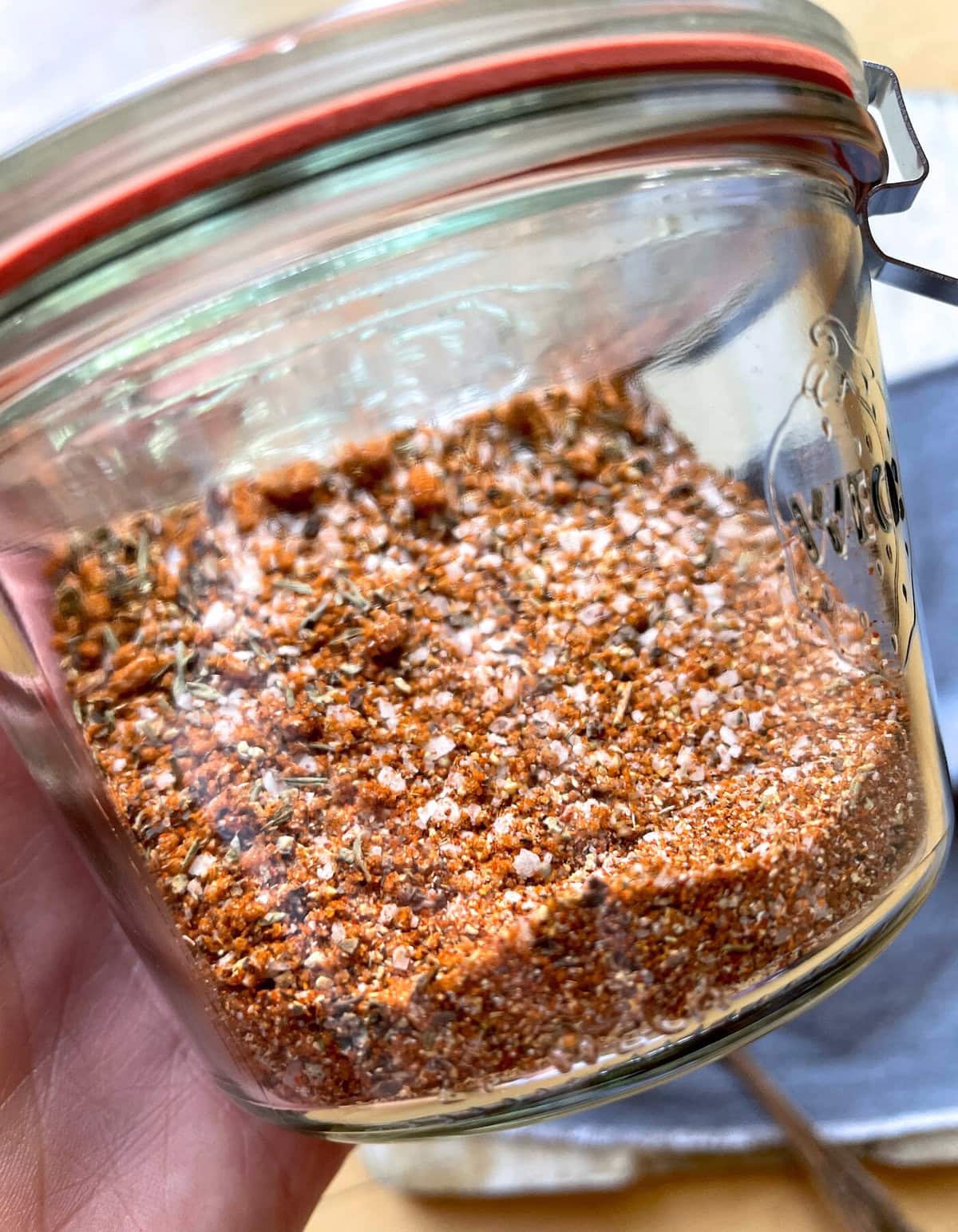 Homemade sweet barbecue rub in a jar.