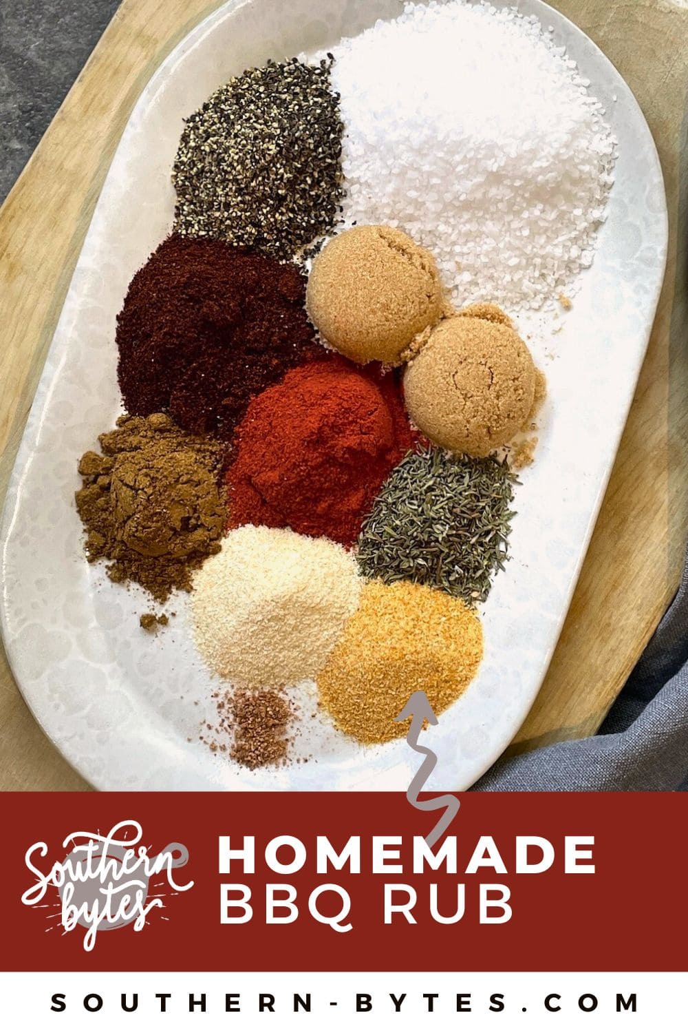 A pin image of several spices measured out on a plate for creating a homemade BBQ rub.