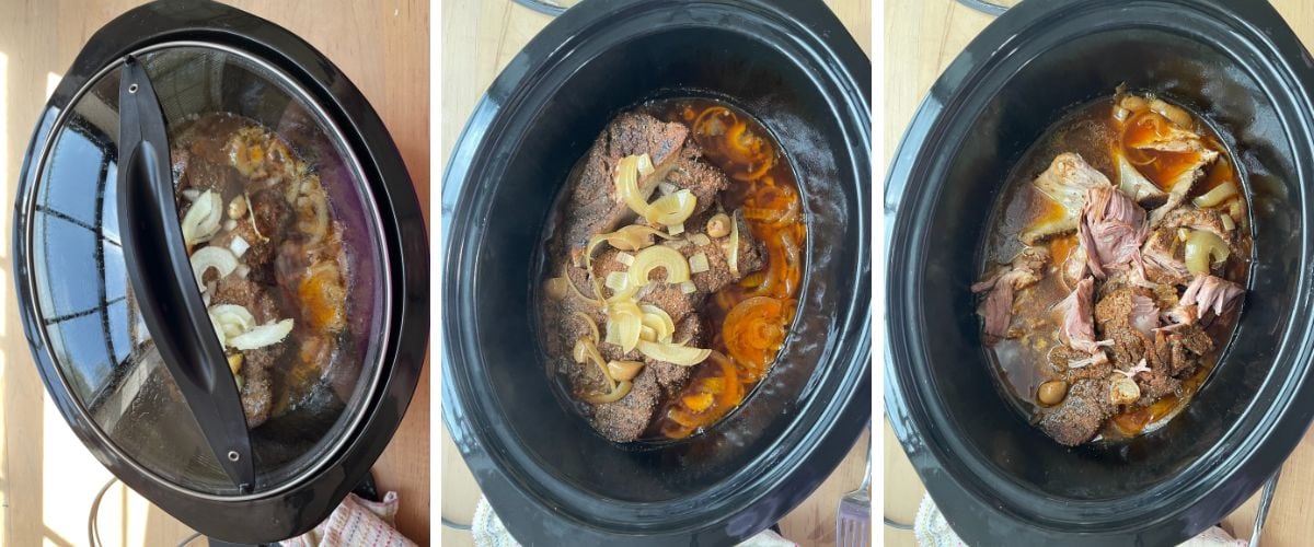 Progression of a pork butt being cooked in a slow cooker, shown in three stages from raw to fully cooked with onions and broth.