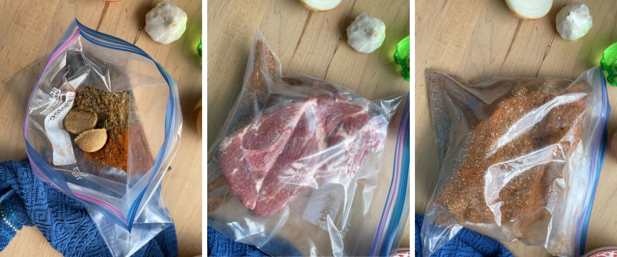 Three images showing the process of seasoning a pork shoulder with spices in a plastic bag, raw meat added to the spices for marination, and the final marinated meat ready for cooking.