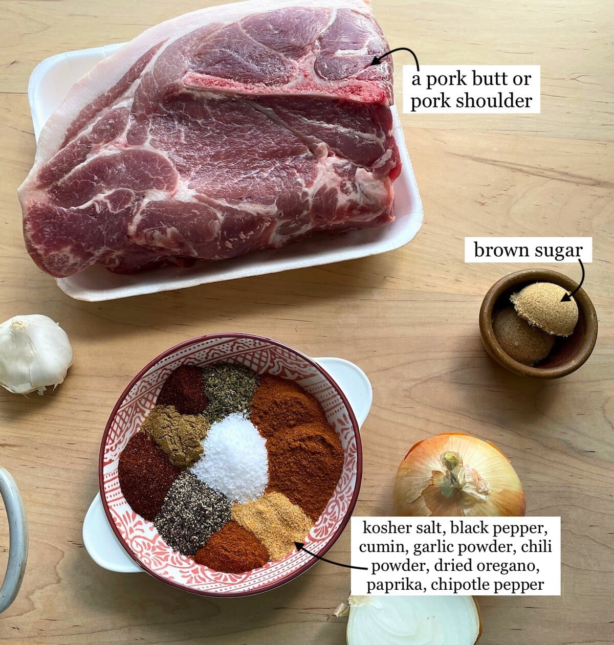 Raw pork shoulder next to a bowl of dry rub spices and brown sugar, with the ingredients labeled.