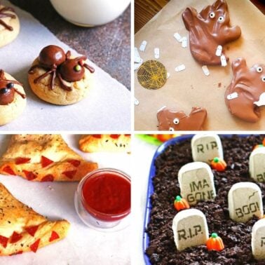 Four collage images showing Halloween-themed food: spider cookies, chocolate ghosts, pizza mummies, and tombstone desserts.