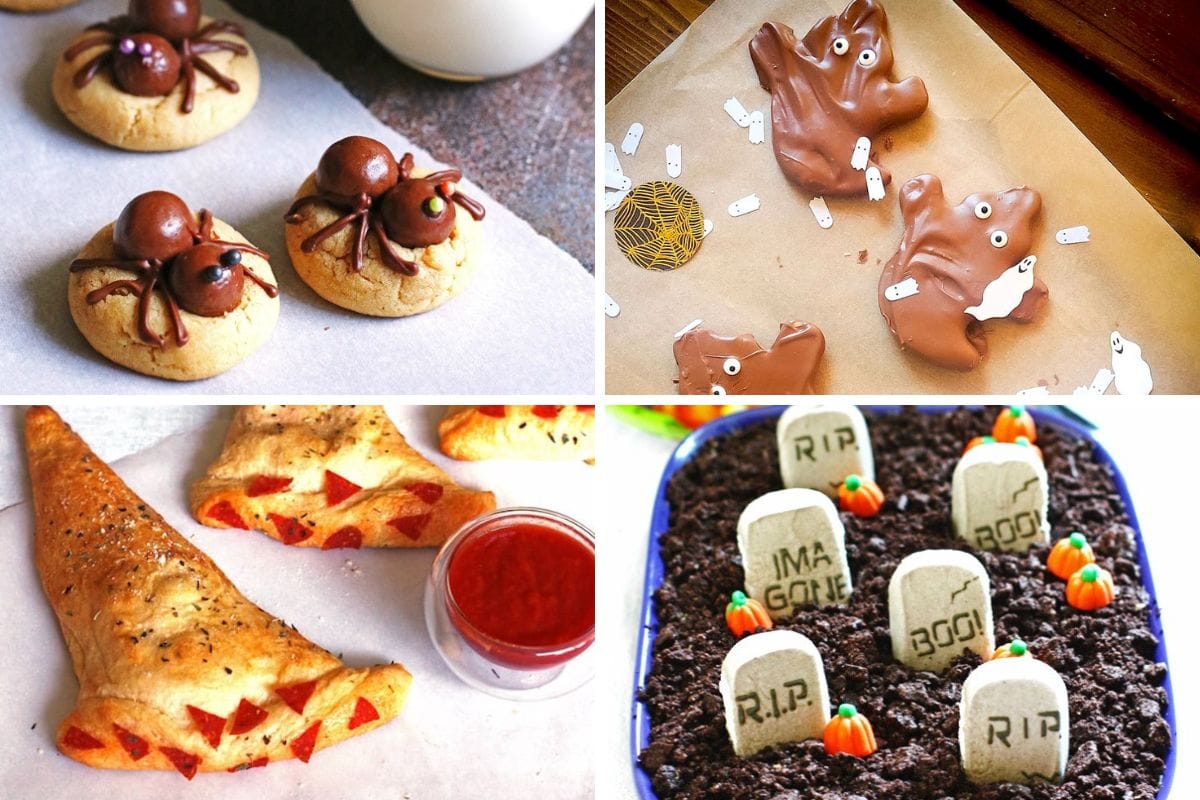 Four collage images showing Halloween-themed food: spider cookies, chocolate ghosts, pizza mummies, and tombstone desserts.