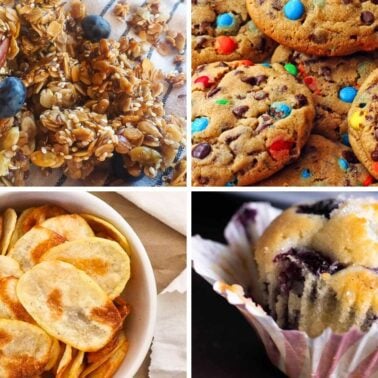 Collage of four images showing various homemade snacks including granola with nuts and blueberries, chocolate chip cookies with candy pieces, a bowl of potato chips, and a blueberry muffin in a paper cup.