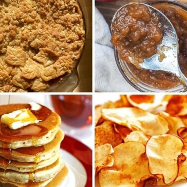 A collage of images - Top left: A freshly baked apple pie with a crumbly topping, top right: Homemade chunky apple sauce in a glass dish, bottom left: Stack of pancakes topped with butter and syrup, bottom right: Crispy golden potato chips on a plate.