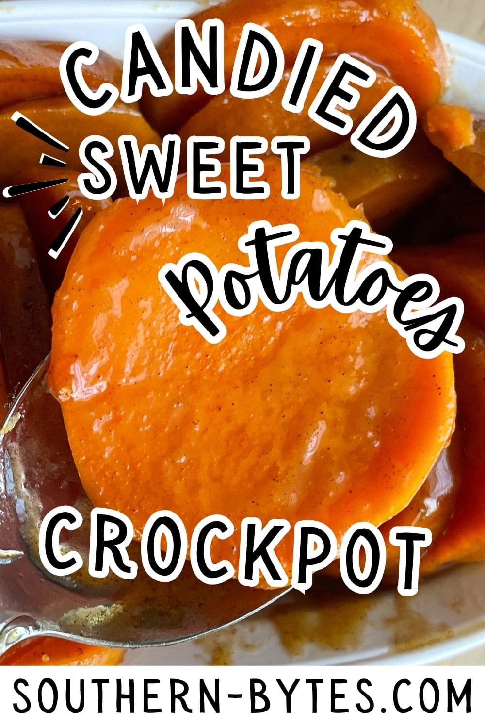 A pin image of a close-up of sliced candied sweet potatoes in a crockpot with glaze.