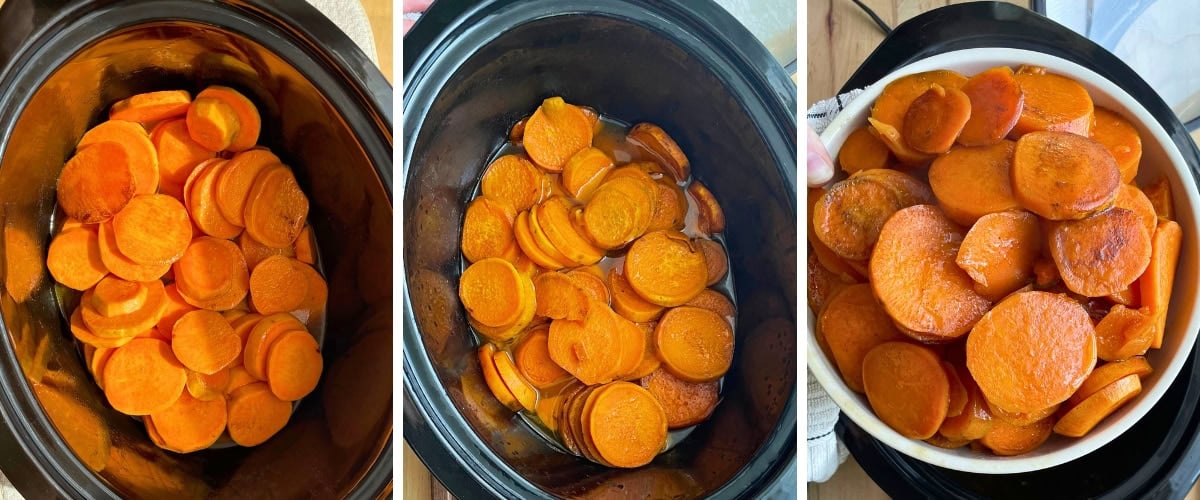 Three stages of cooking candied sweet potatoes in a slow cooker, showing raw sliced pieces, during cooking, and final glazed outcome.