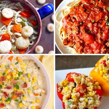 Top left: Homemade vegetable soup with crackers; top right: Spaghetti with meat sauce; bottom left: Chicken corn chowder; bottom right: Stuffed bell peppers with quinoa and vegetables.