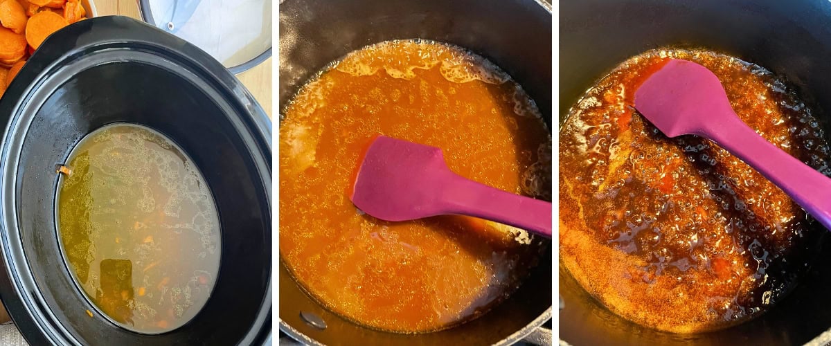 A collage of three images showing how to reduce the brown sugar glaze for candied sweet potatoes, steps 1-3.