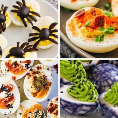 Four images of deviled eggs creatively garnished to resemble spiders, topped with bacon and scallions, presented with vibrant sauces and seeds, and piped with green avocado-based filling in a white and blue patterned bowl.