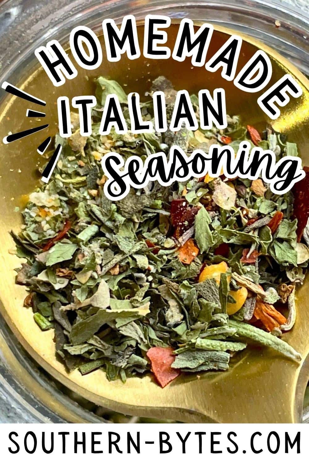 A pin image of a bowl of homemade Italian seasoning blend with visible dried herbs and spices.