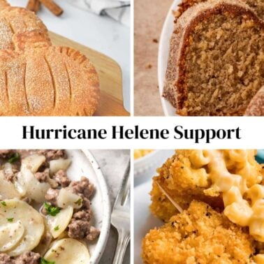 A collage of various comfort foods including hand pies, cake, pasta, and macaroni cheese with the text "Hurricane Helene Support"