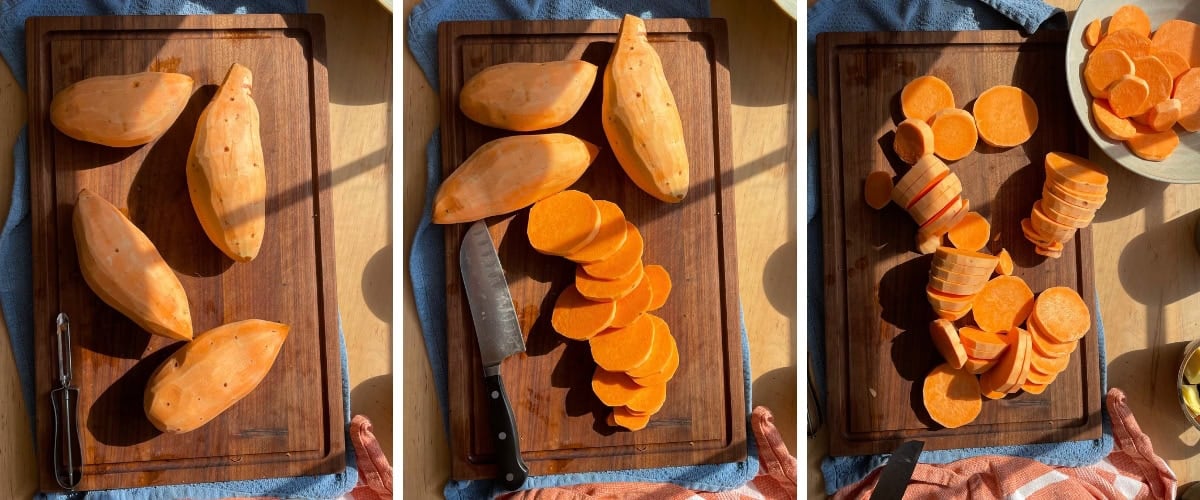 Three images showing sweet potatoes on a cutting board: whole in the first, sliced in the second, and chopped in the third, with a knife and a peeler lying beside, under natural sunlight.