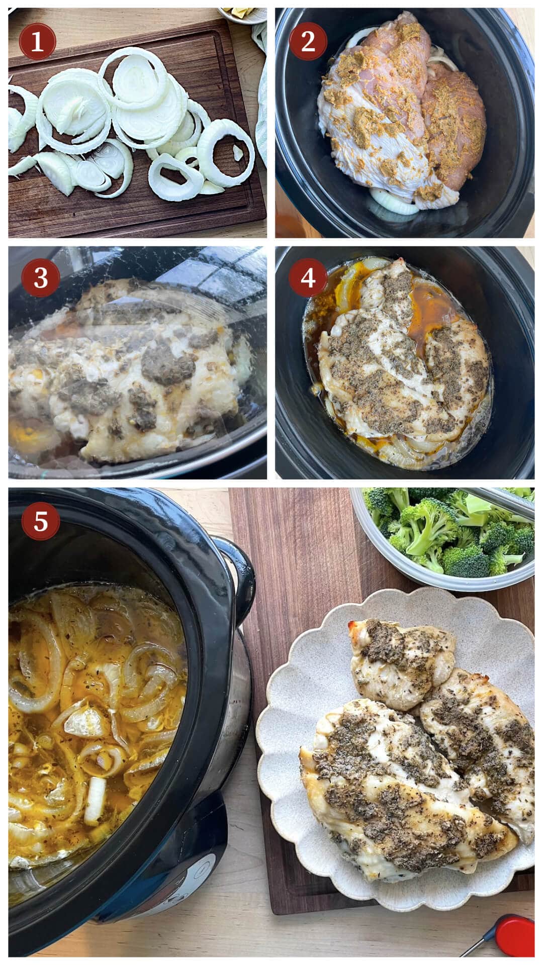 A collage of six images showing the process of cooking a turkey breast in a slow cooker with steps including slicing onions, seasoning chicken, and the cooked dish served with broccoli.