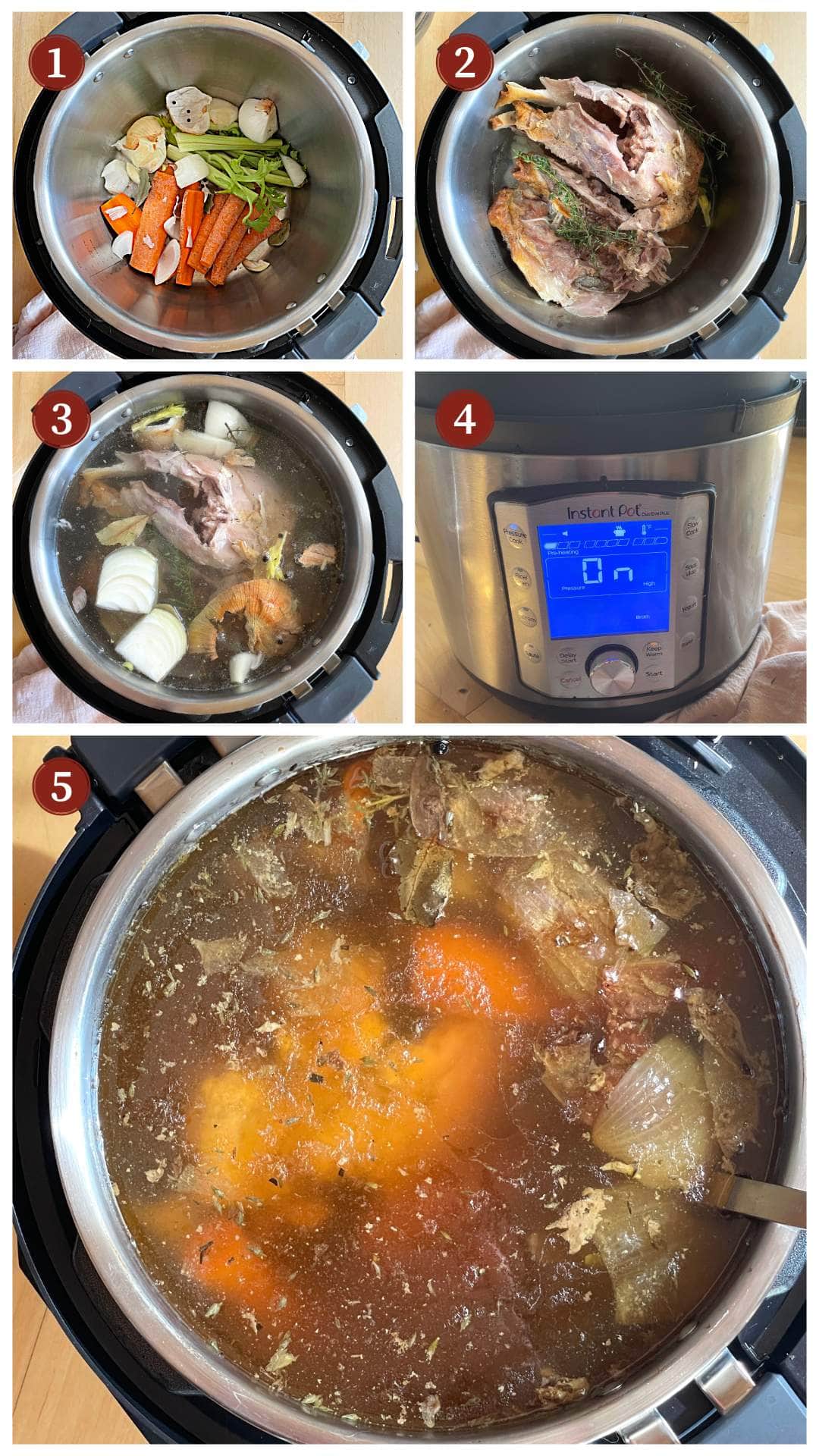 Step-by-step images showing the process of making homemade broth in an Instant Pot, from adding vegetables and meat to the final simmered broth.