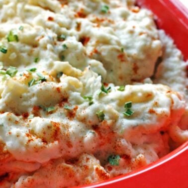 A bowl of fluffy mashed potatoes topped with chives and paprika in a vibrant red serving dish.