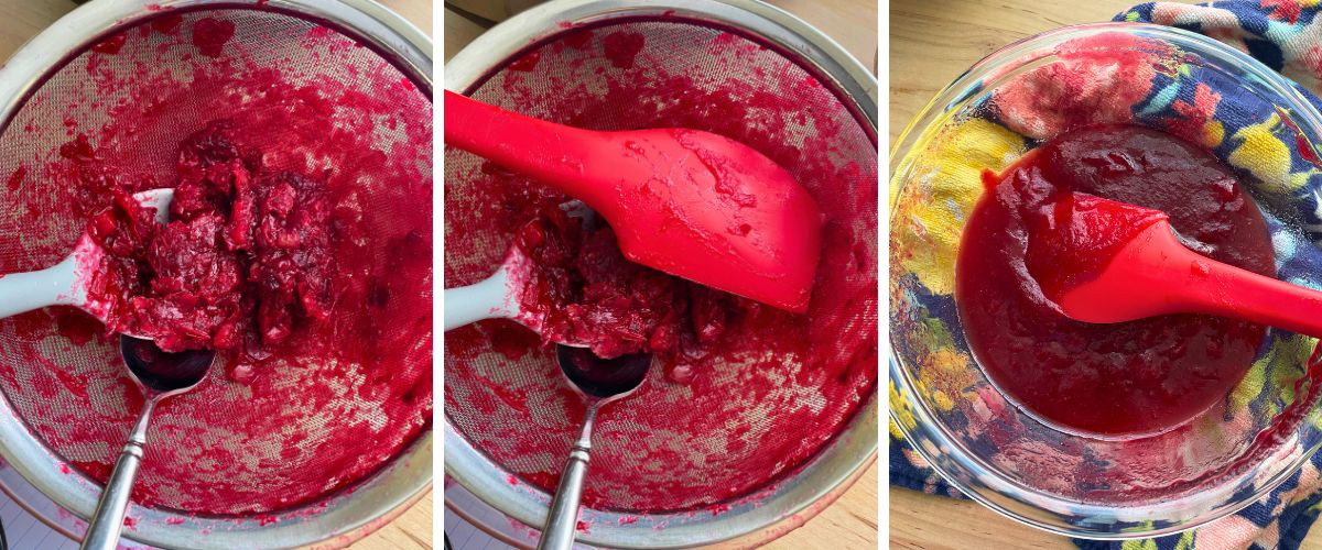 Three sequential images showing the process of making cranberry sauce, including mashing fruit through a sieve and the resulting smooth puree in a bowl.